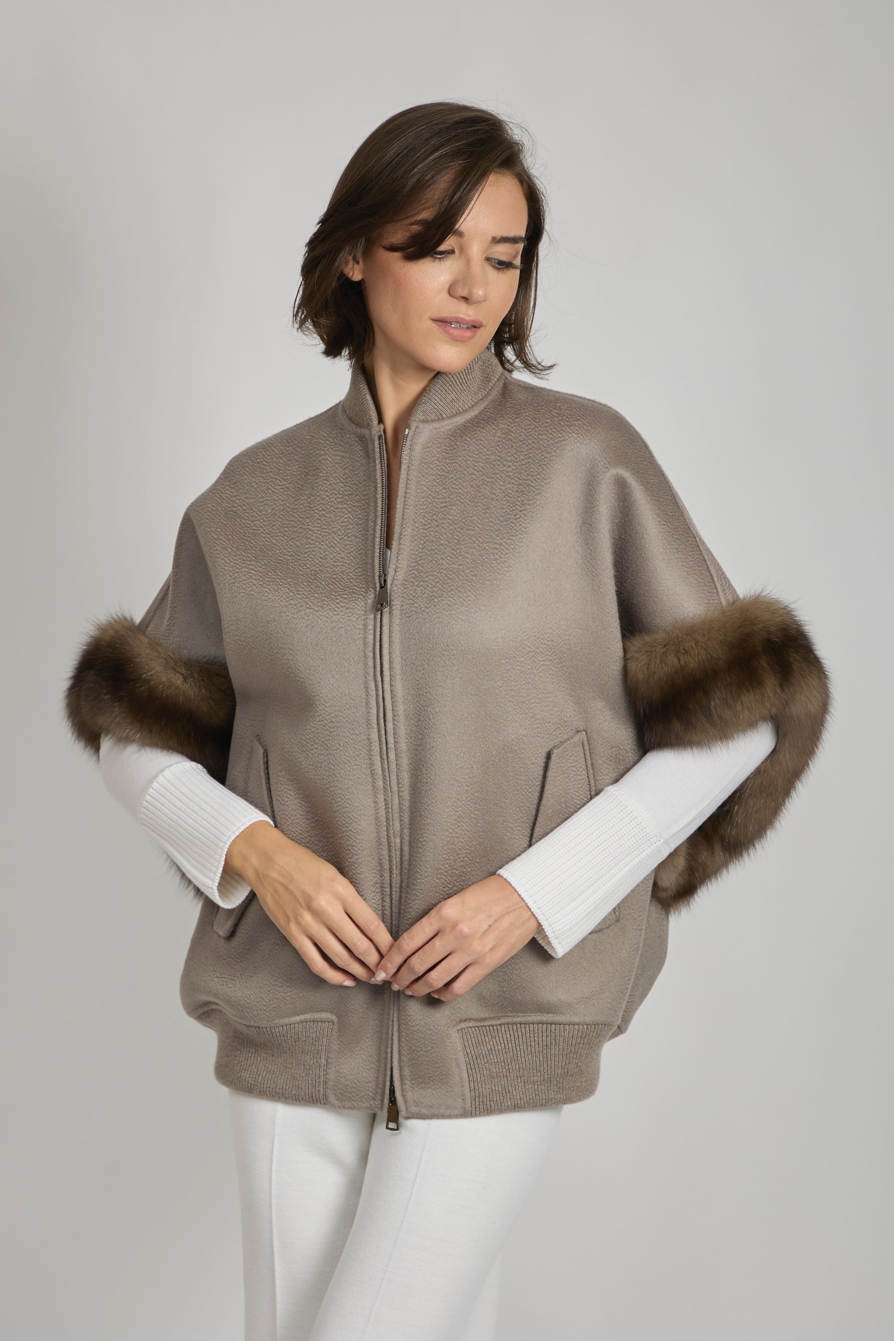 Cashmere sable blend cape in taupe with soft drape