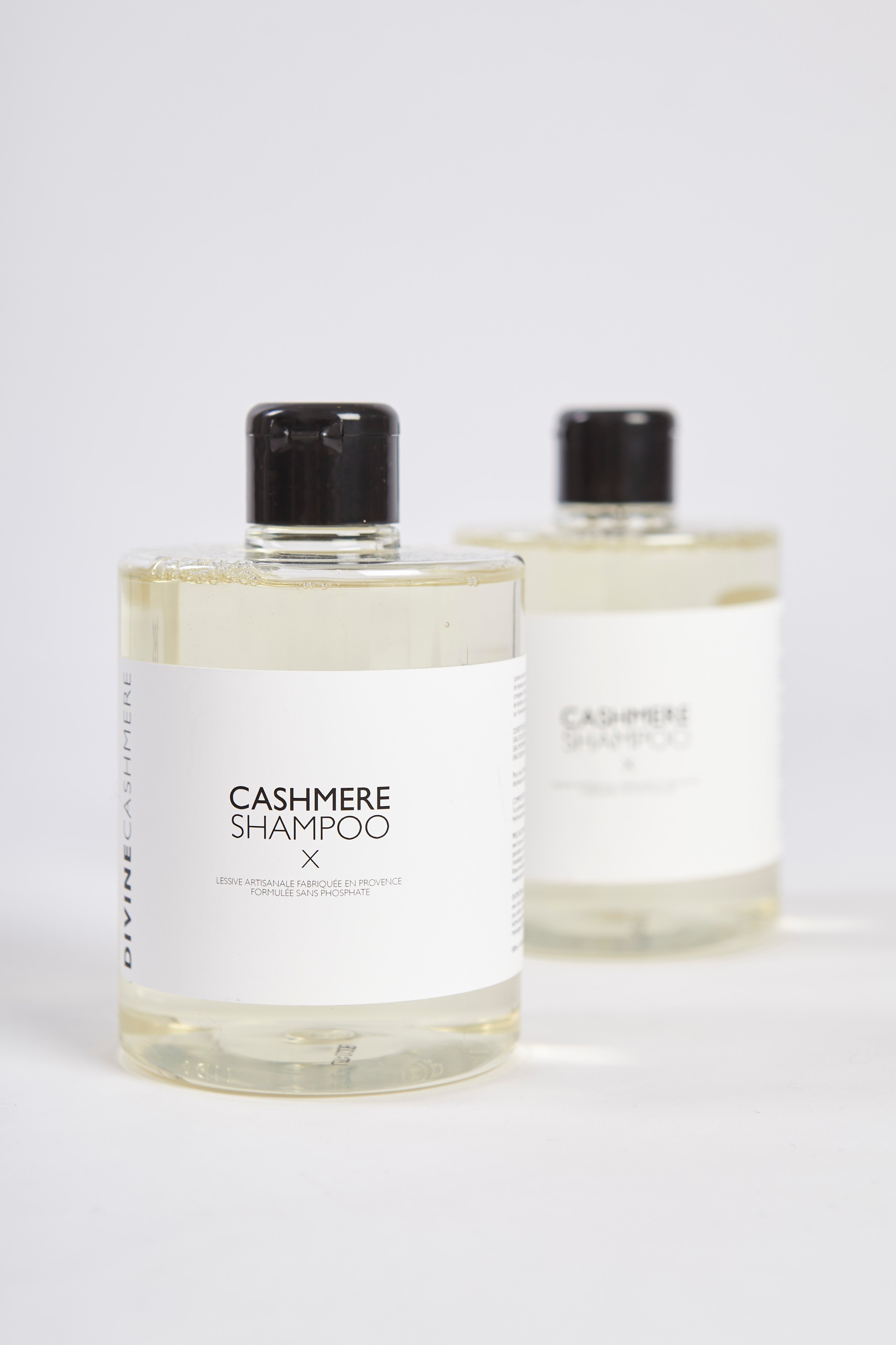 Divine Cashmere garment care shampoo bottle with branded label and flip-top cap