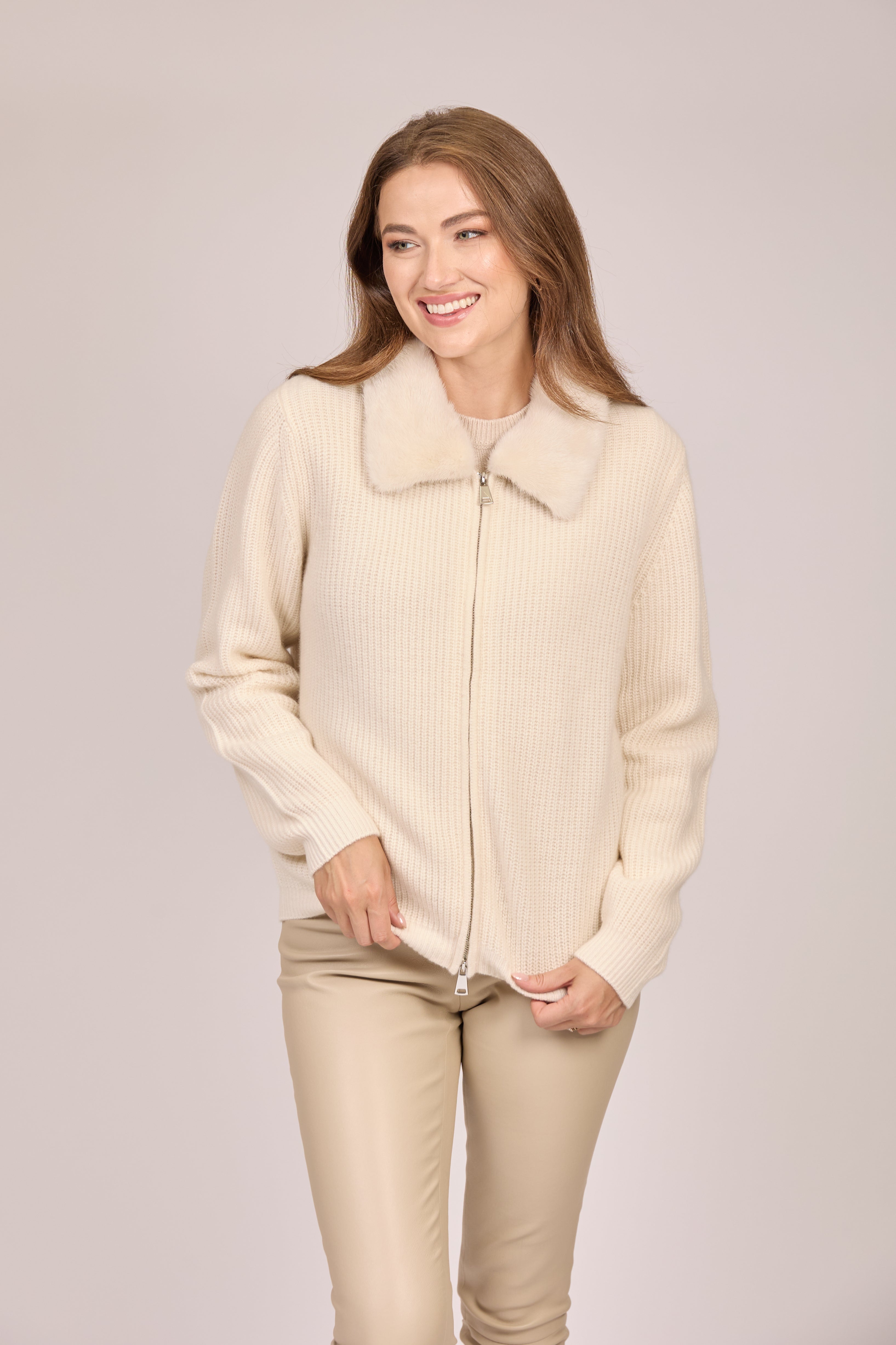 Cashmere zip-front cardigan with mink collar, ribbed hem and long sleeves — Divine Cashmere