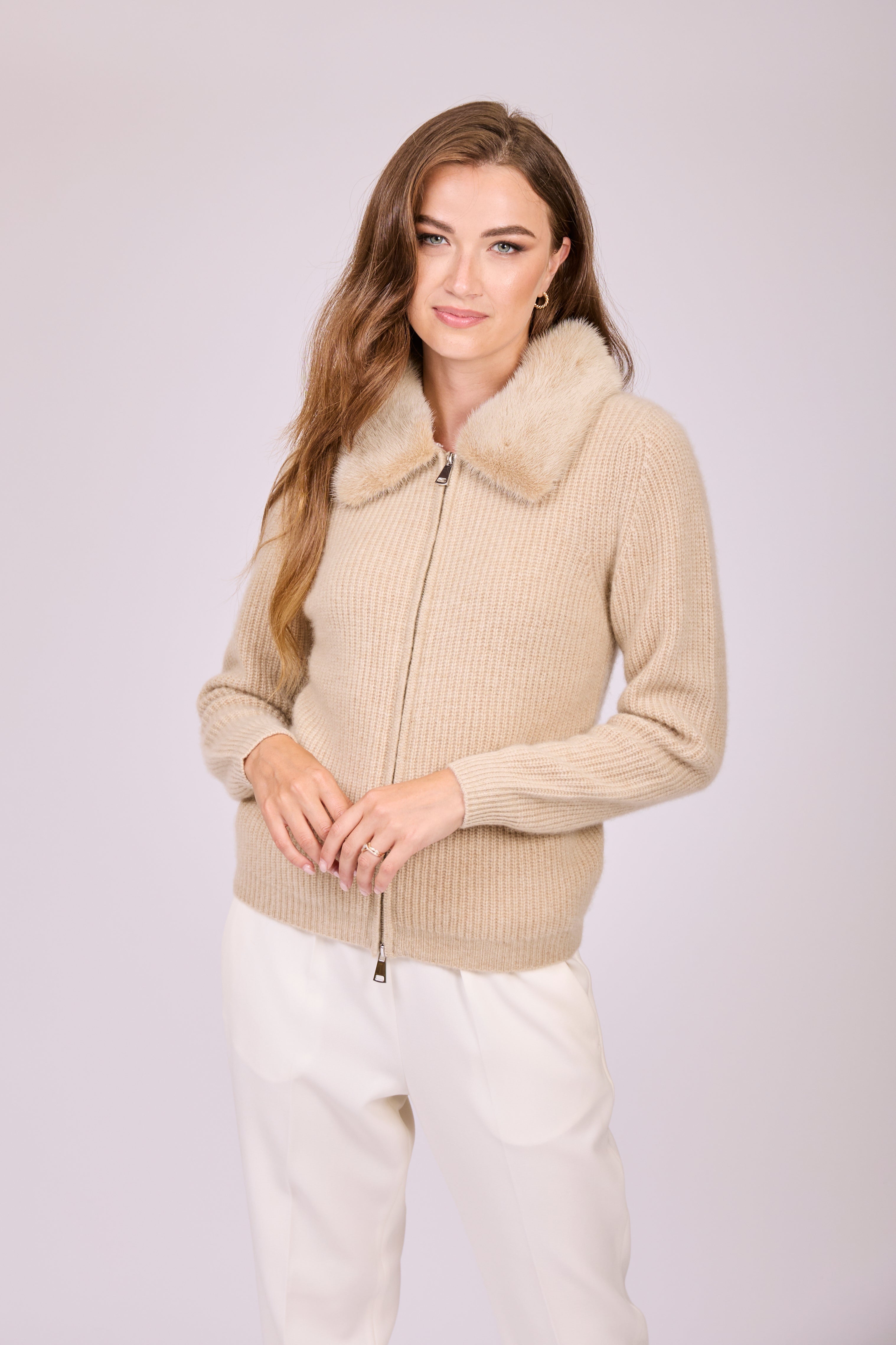 Divine Cashmere Dune zip cardigan in cashmere with mink collar, full zip front and ribbed cuffs.