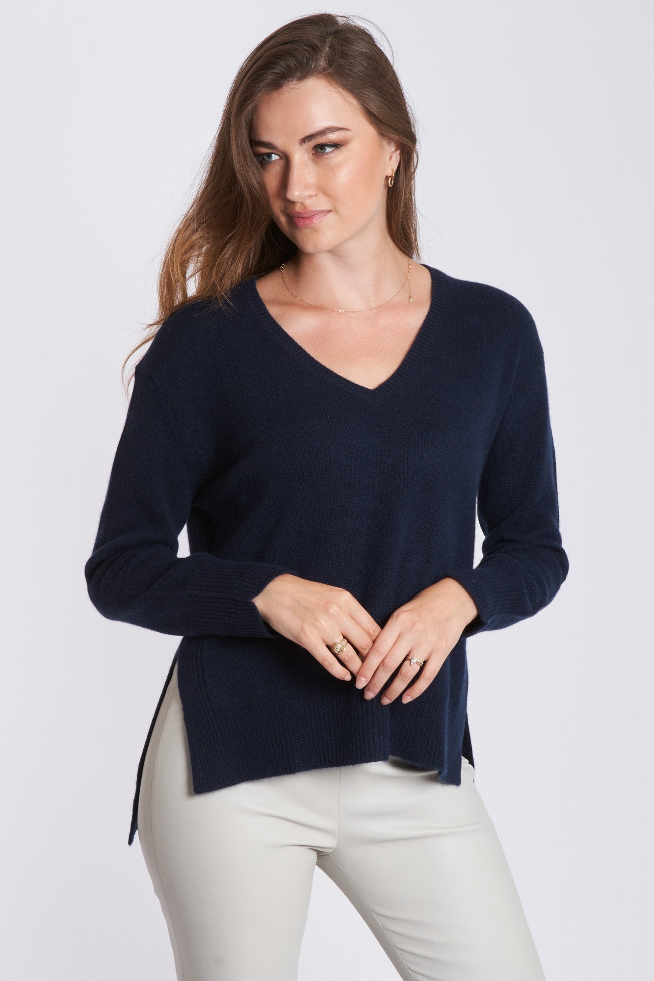 Divine Cashmere classic crew neck cashmere jumper in navy with ribbed trim