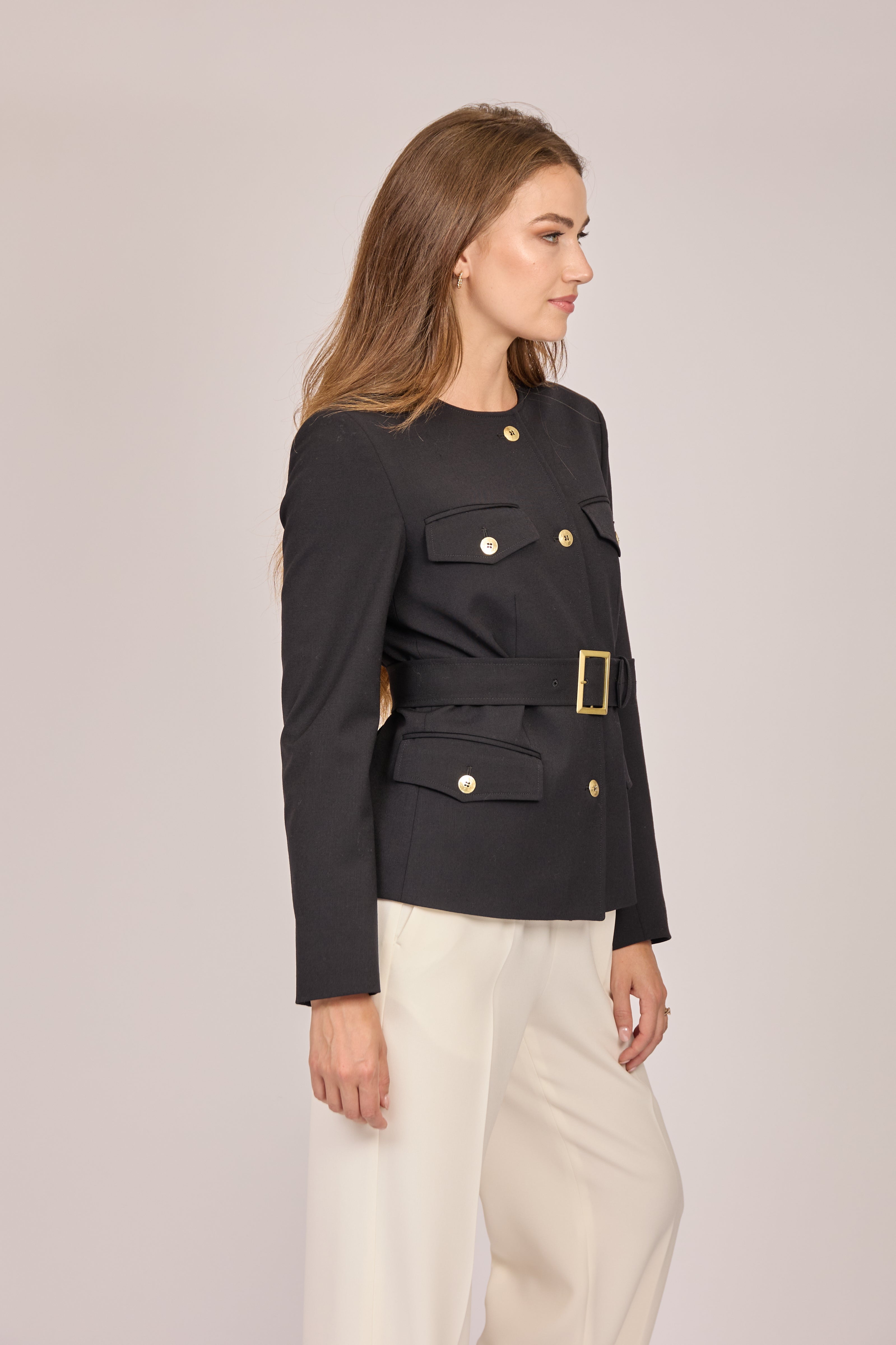 Tailored gabardine belted jacket with structured collar