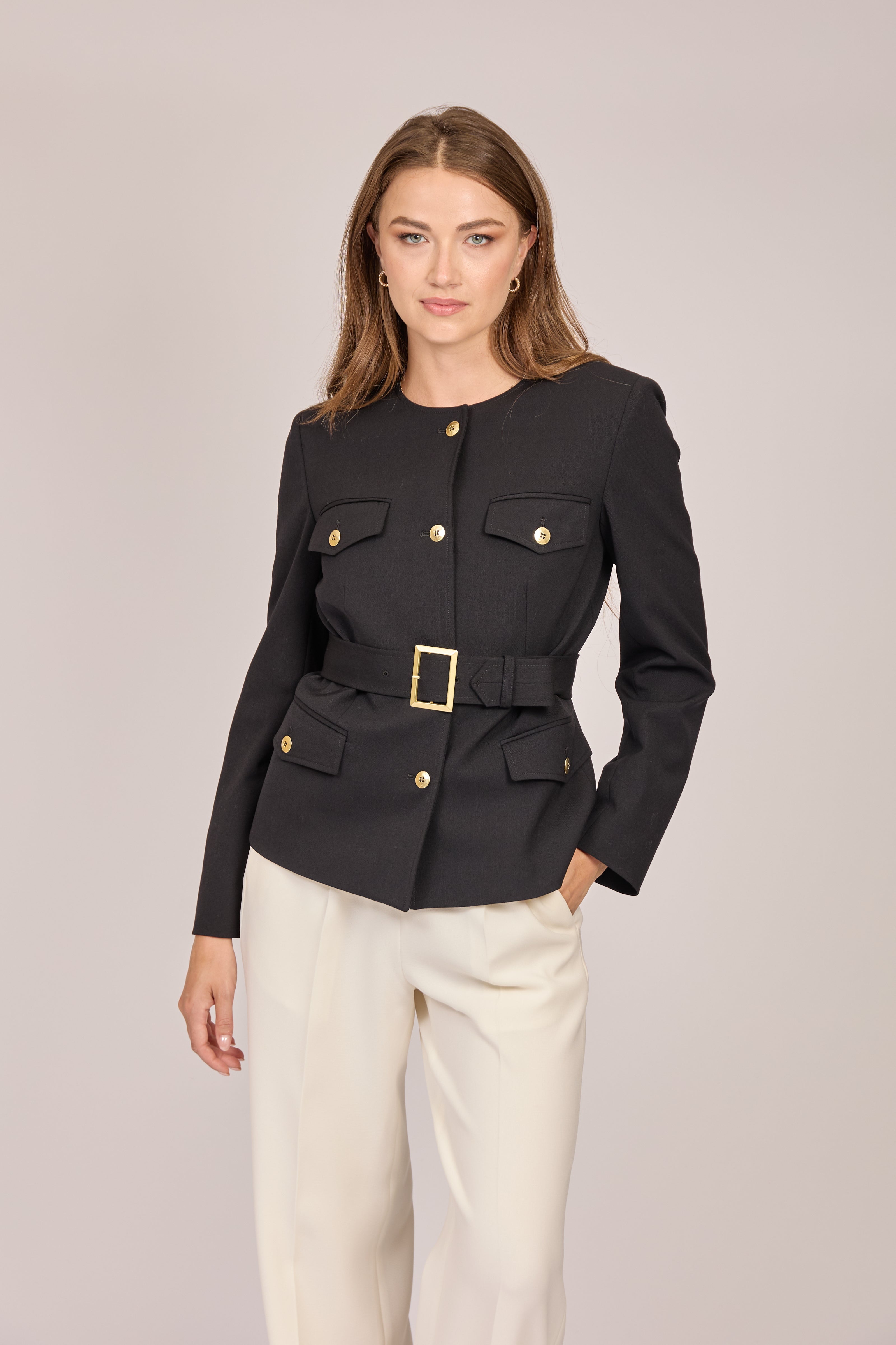 Tailored gabardine belted jacket with clean structured silhouette