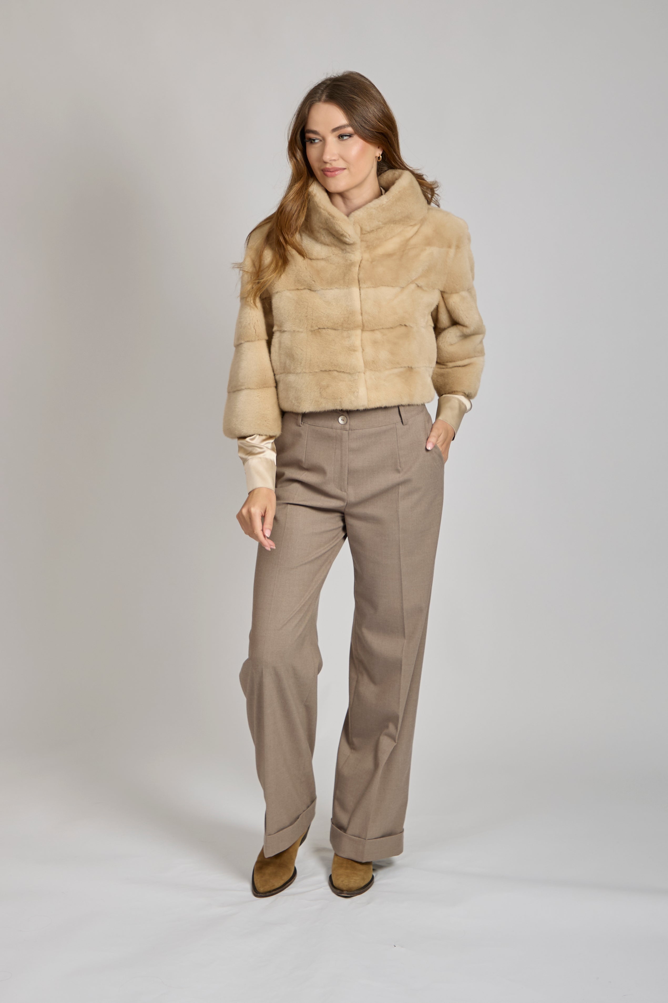 Divine Cashmere Palomino mink bolero, cropped cashmere jacket with open front and short sleeves