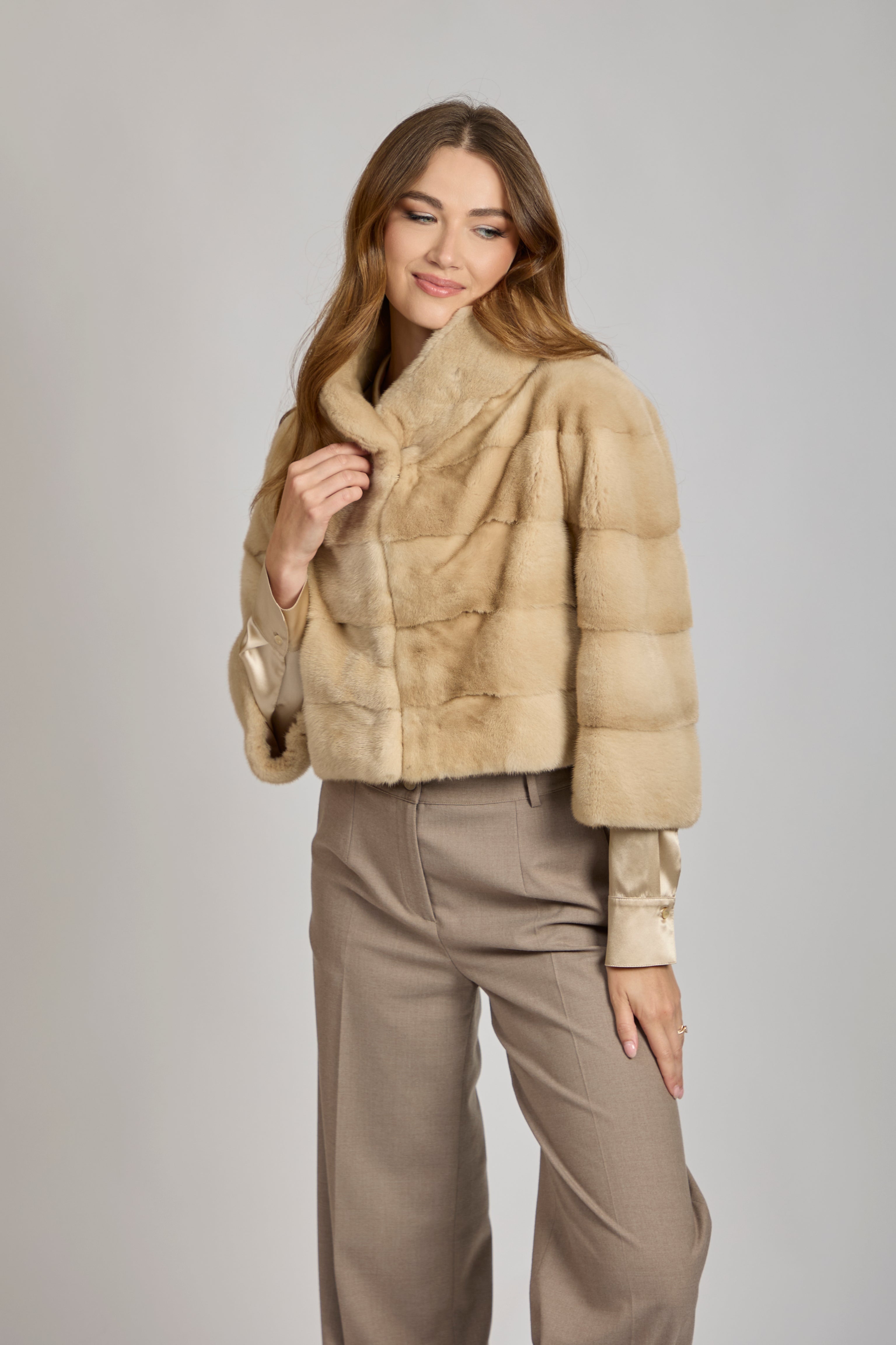 Palomino mink bolero, cropped short jacket with open front and rounded hem, Divine Cashmere