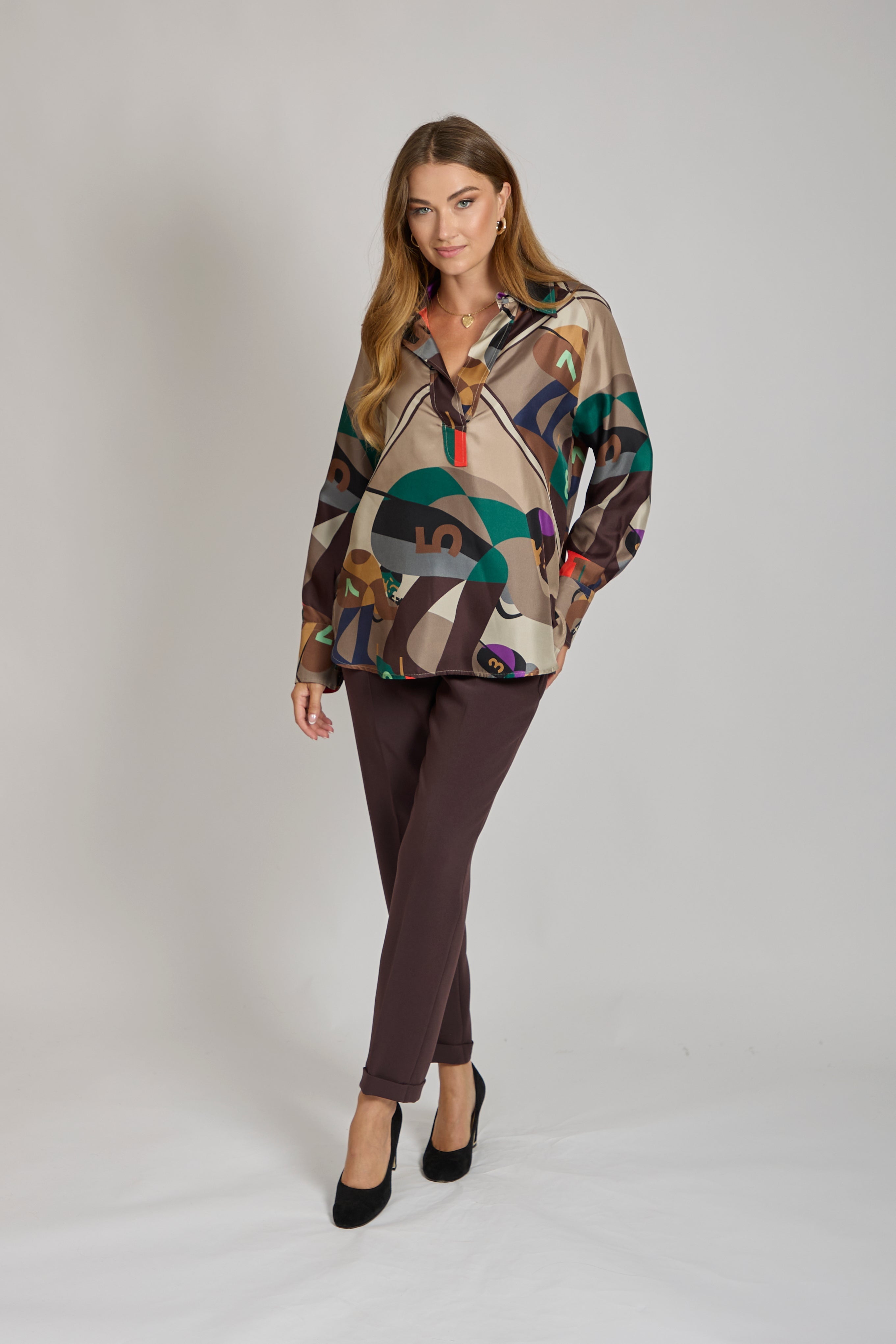 Printed silk shirt with all-over print and collared neckline