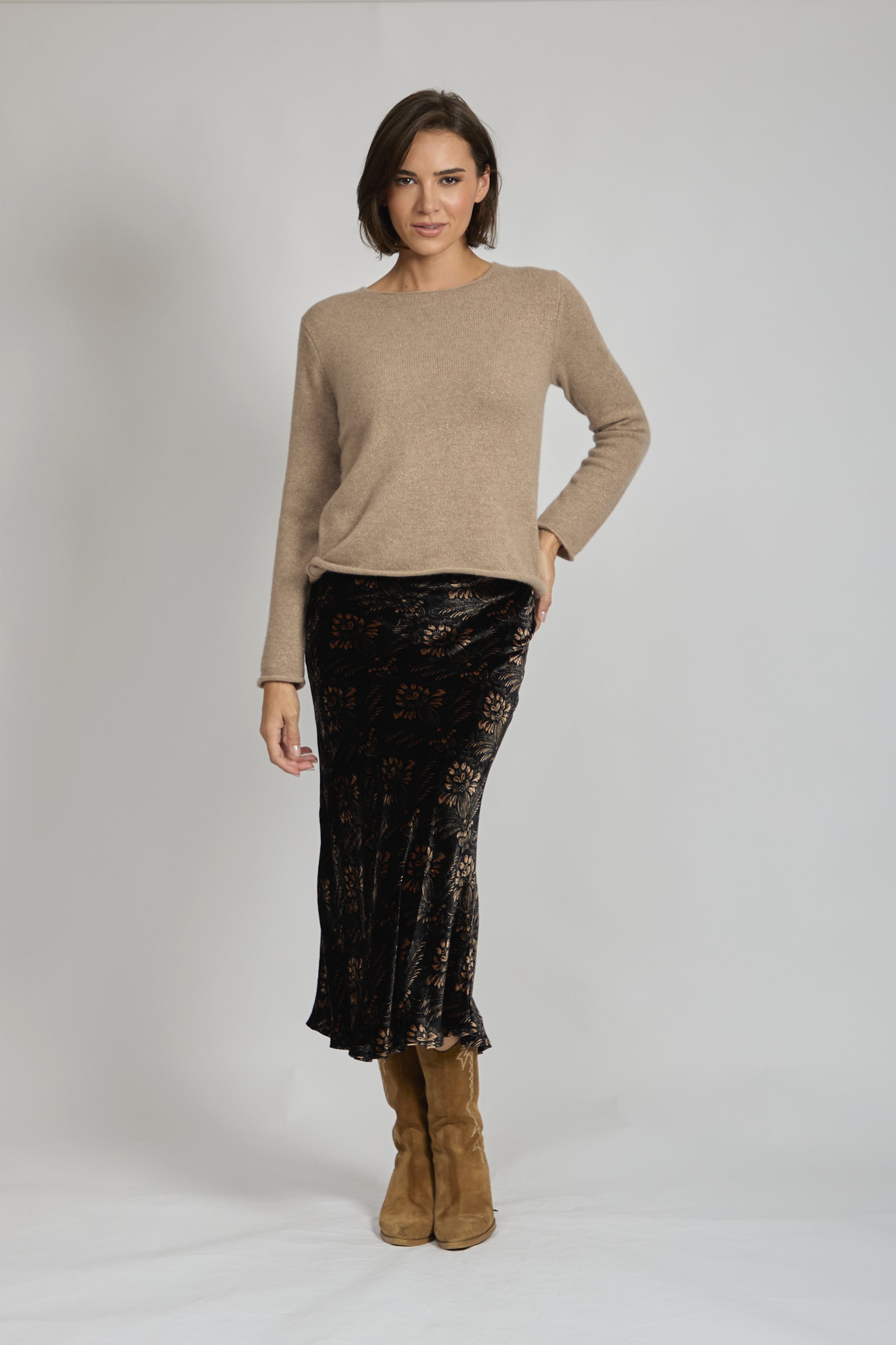 Printed velvet midi skirt with flowing silhouette and subtle pattern by Divine Cashmere