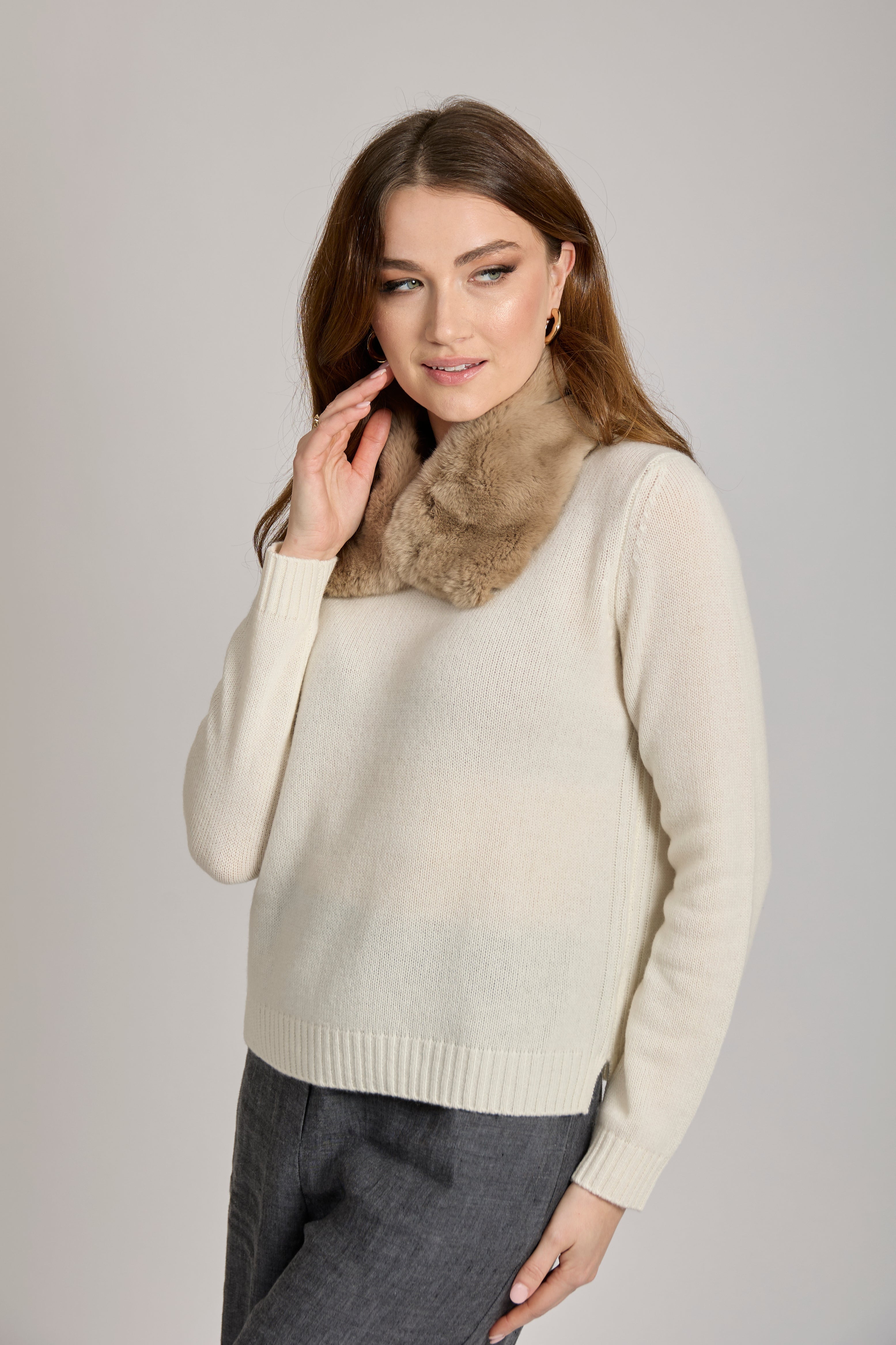 Divine Cashmere rabbit fur collar with plush rounded shape and snap closure