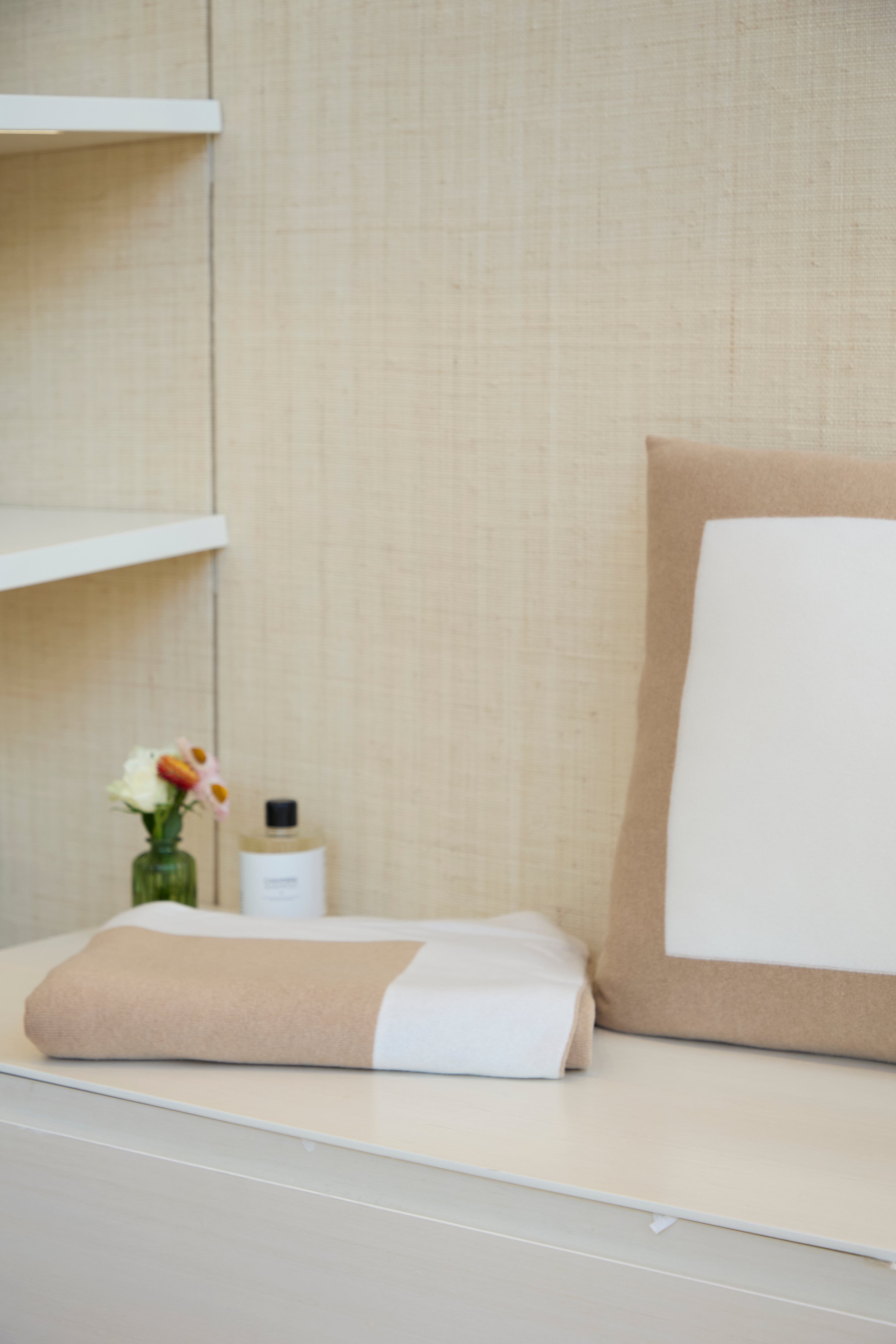 Reversible cashmere throw draped to show both sides and soft knit texture, Divine Cashmere