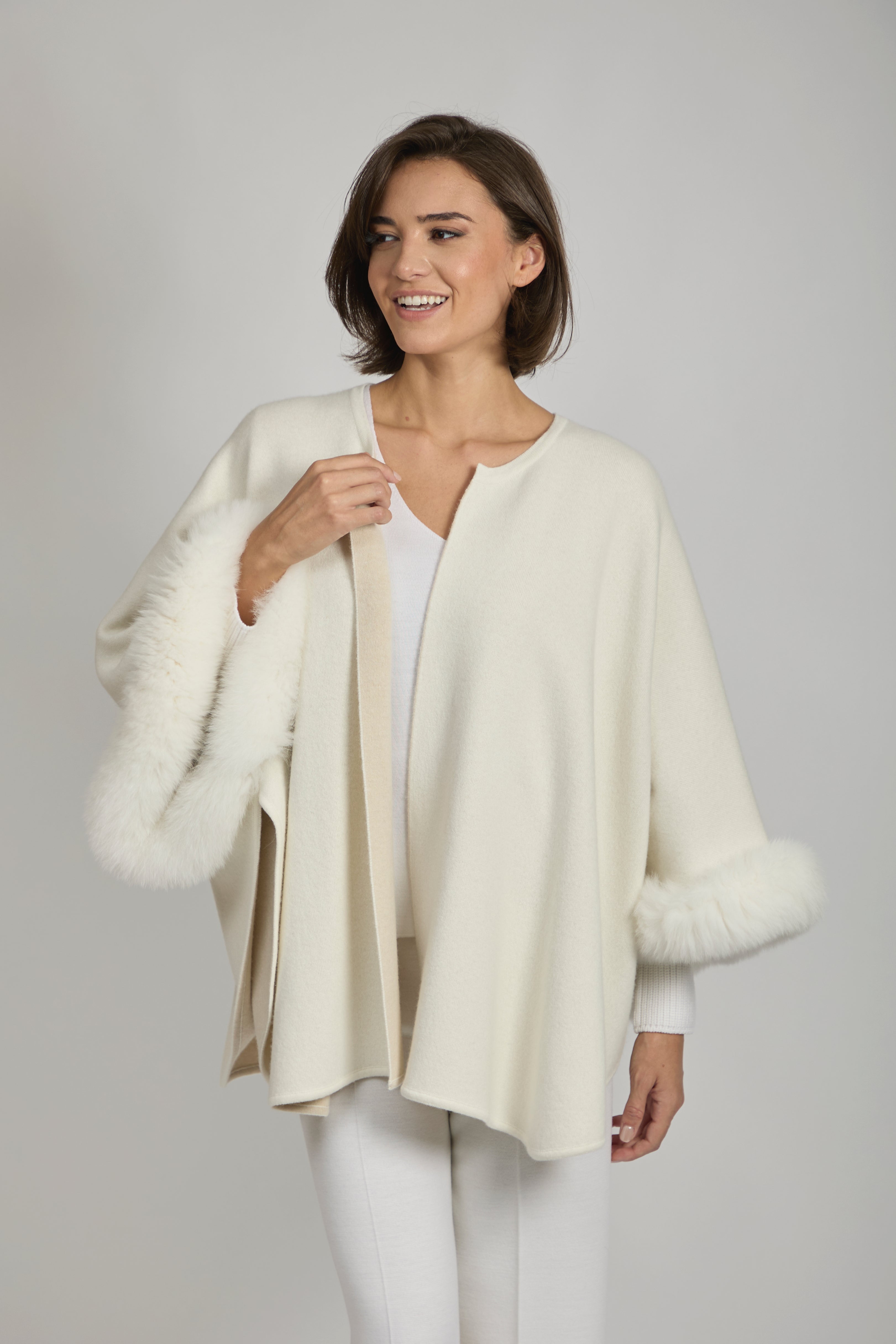 Reversible cashmere cape with fox fur trim and draped silhouette, Divine Cashmere