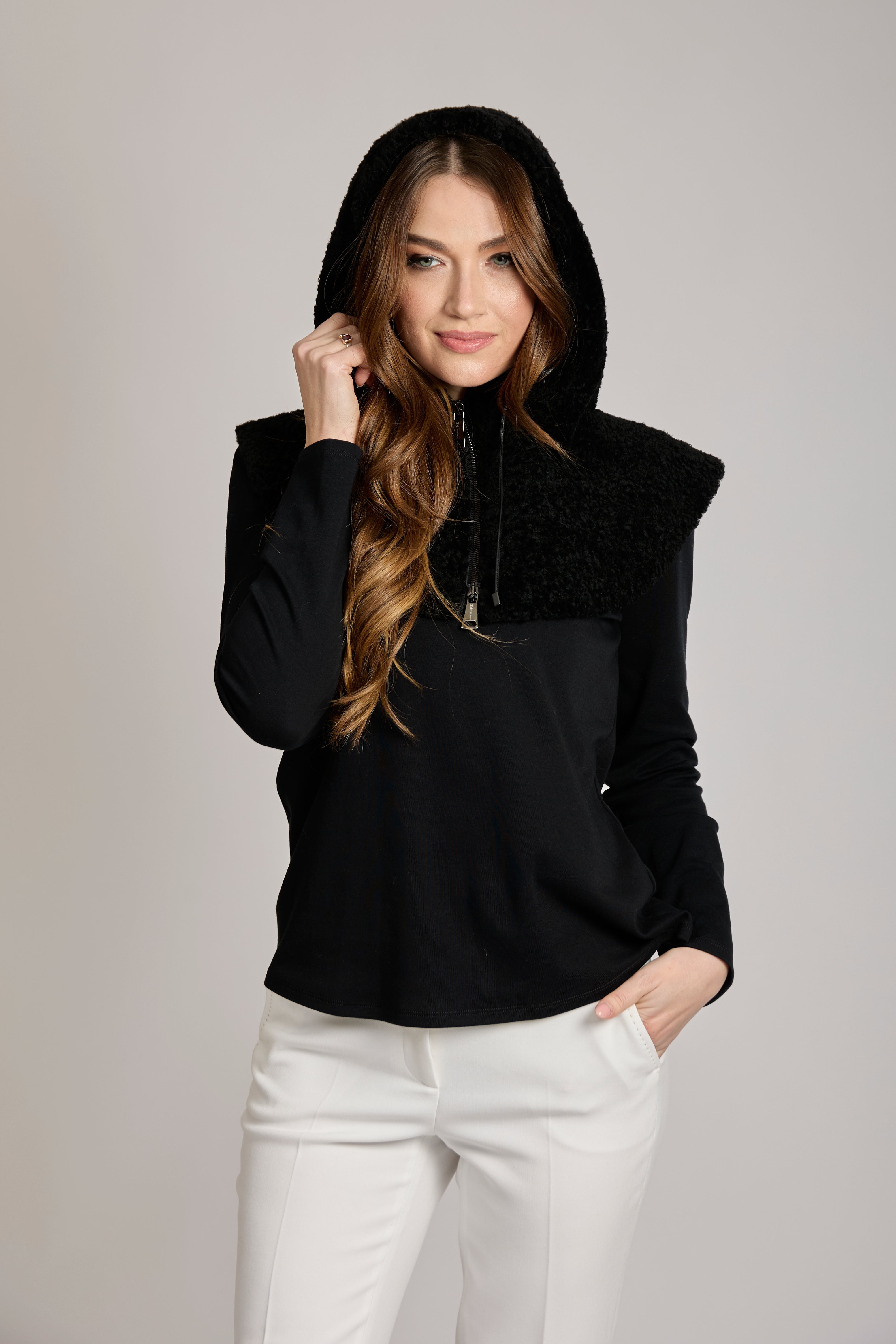 Shearling hooded jacket with plush collar and relaxed fit by Divine Cashmere