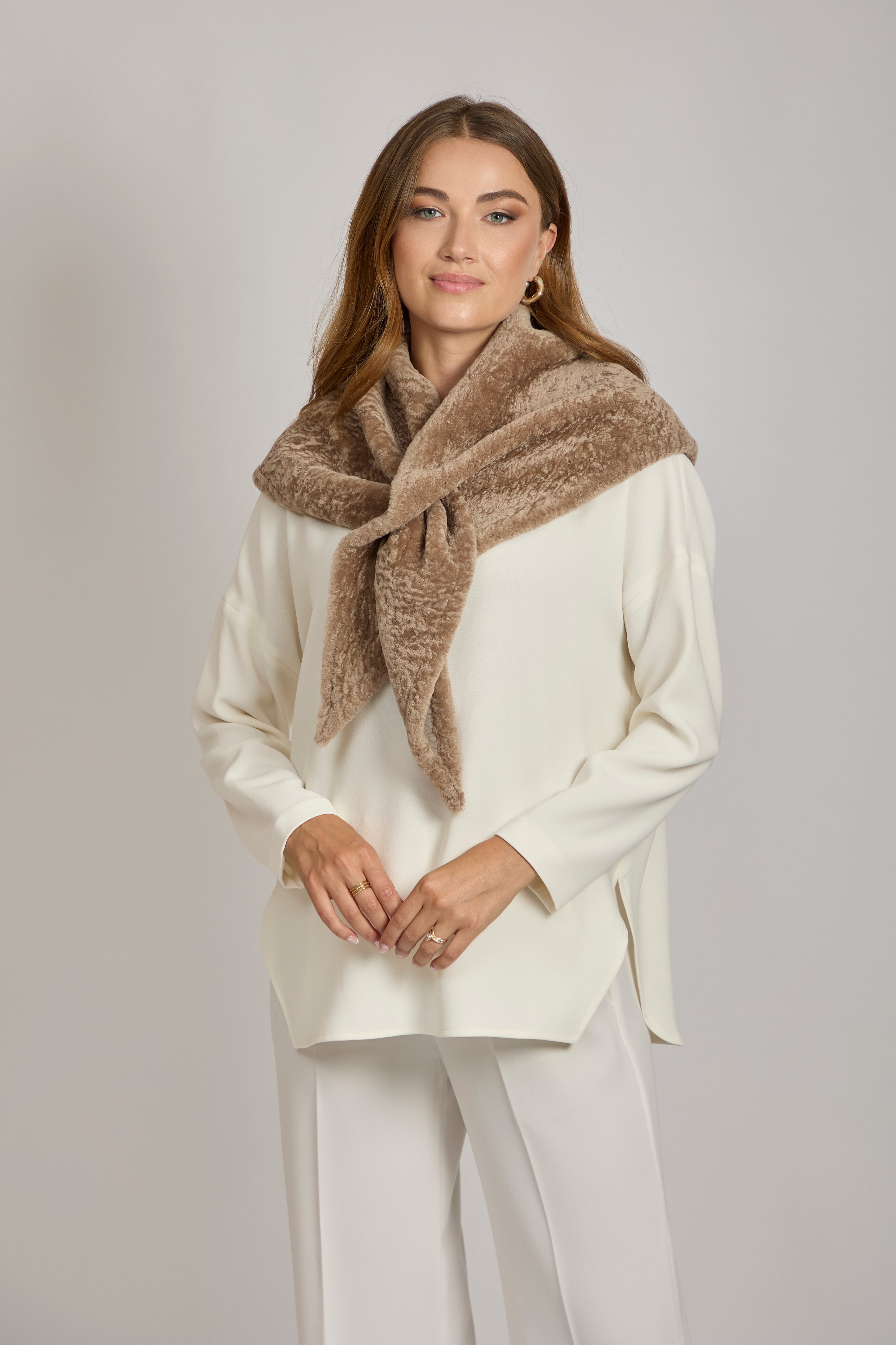 Shearling shawl with plush folded collar and draped open-front wrap, soft textured finish, Divine Cashmere