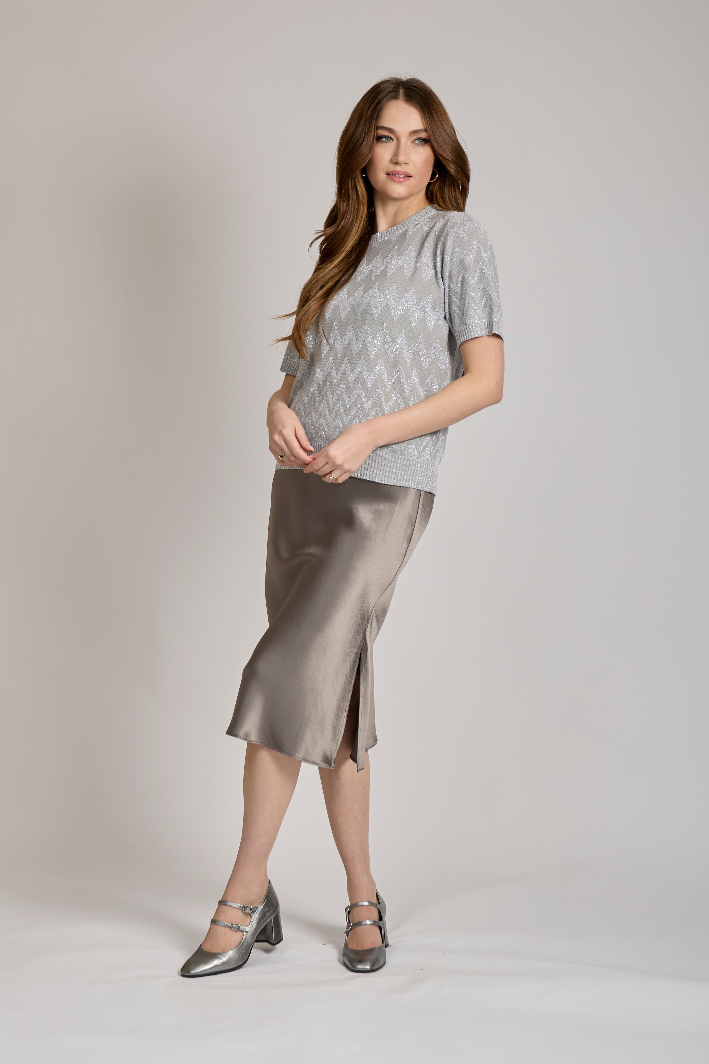 Cashmere knit short-sleeve top with fine stitch texture