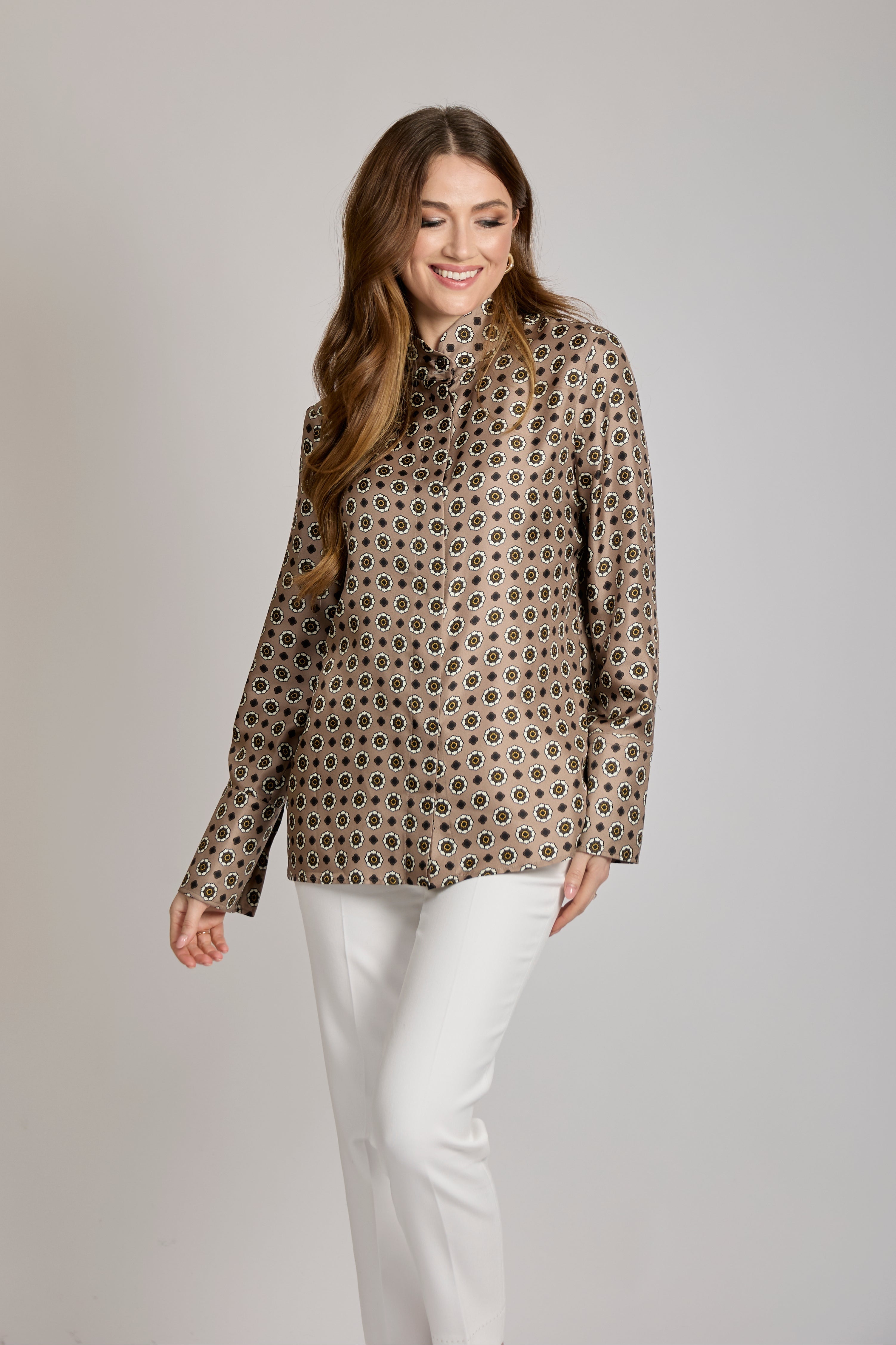 Elegant silk blouse with draped neckline and long sleeves, relaxed tailored fit