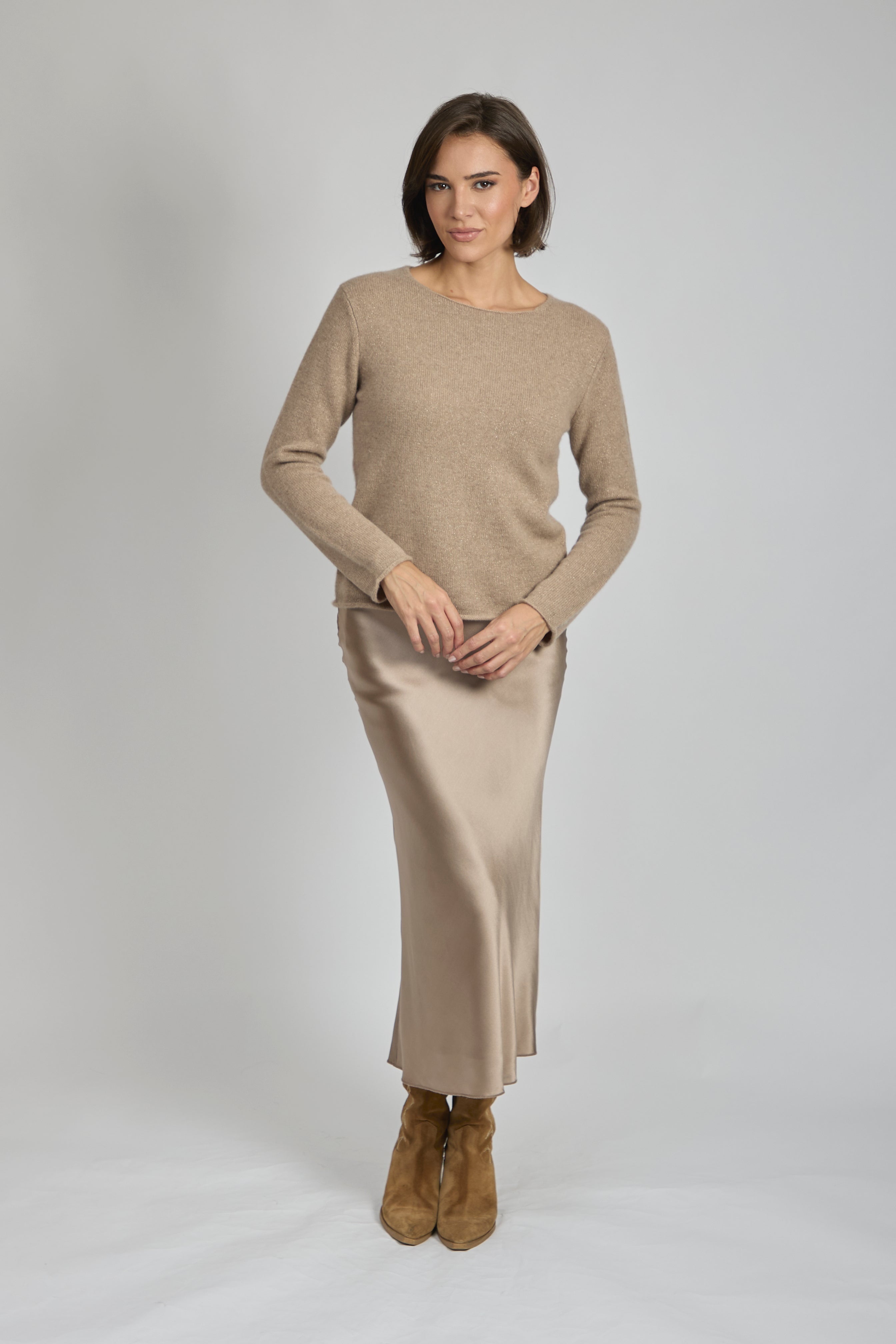 Divine Cashmere Tortorra silk midi skirt with draped silhouette and smooth finish