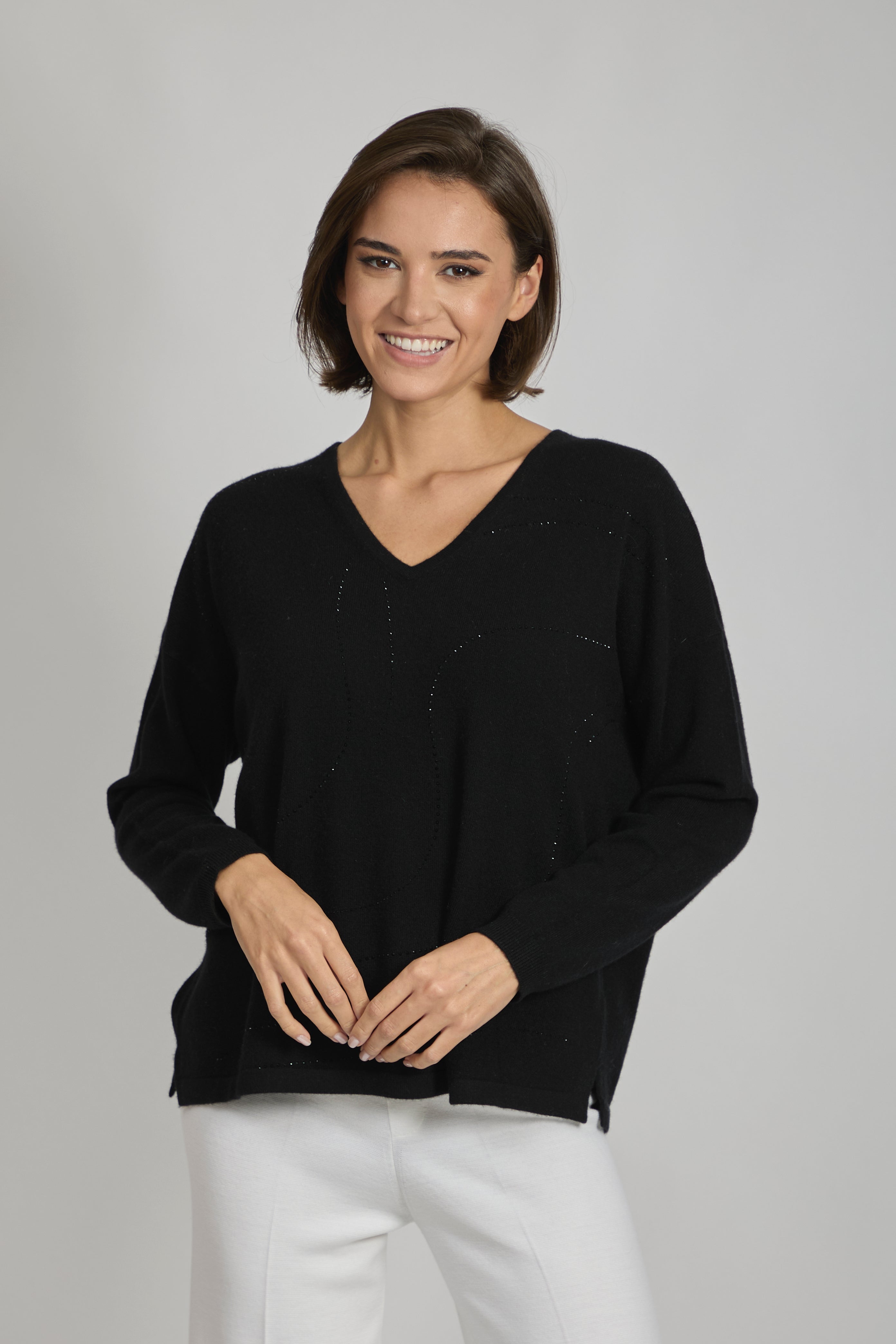 Divine Cashmere V-neck cashmere jumper with sequin detailing and ribbed hem