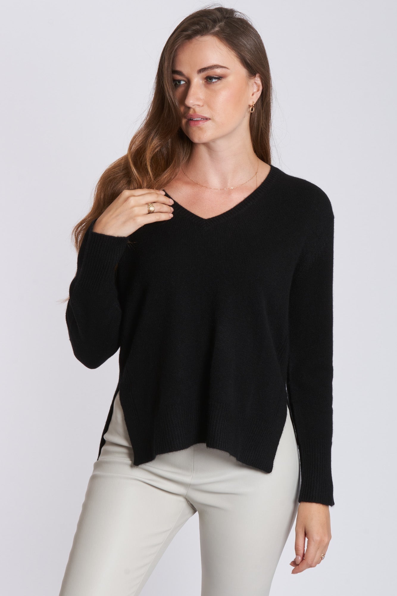 V-neck cashmere sweater with fine knit texture, classic cut, by Divine Cashmere