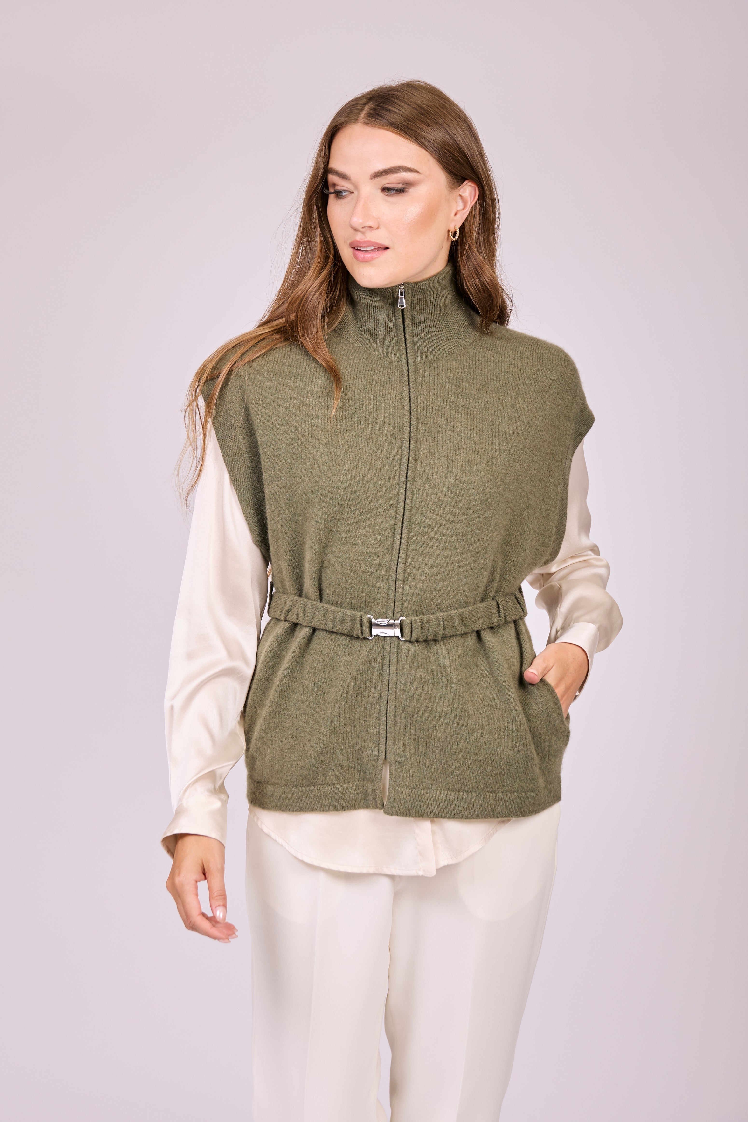 Vegetal cashmere full-zip vest by Divine Cashmere, sleeveless zip-front design