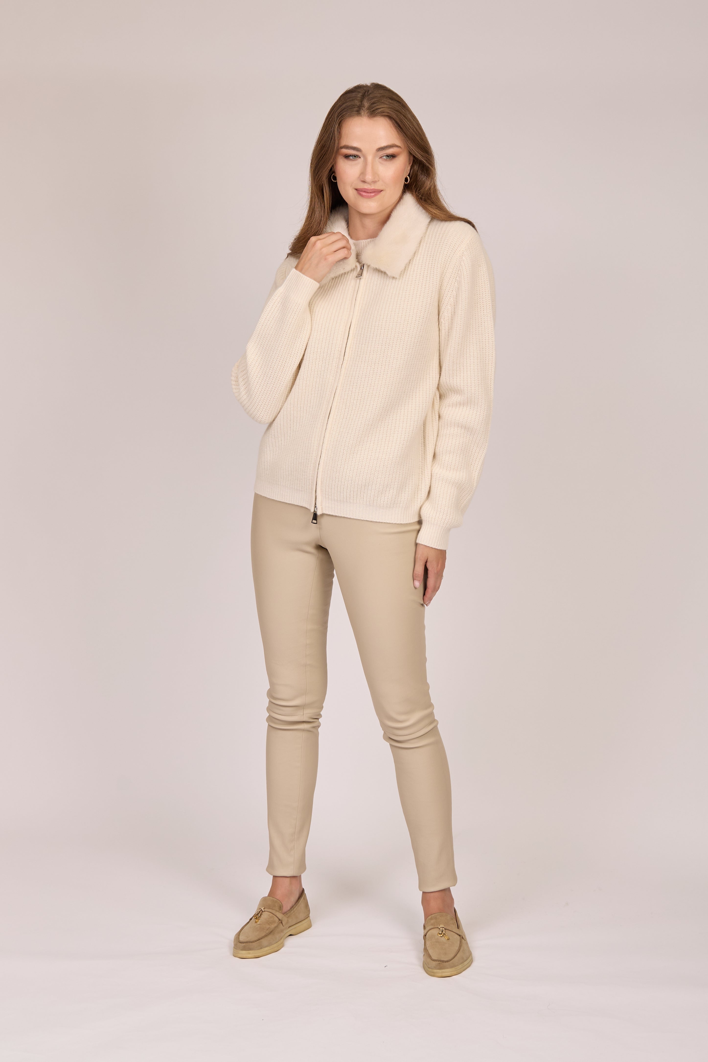 Divine Cashmere zip-front cardigan in cashmere with mink fur collar and ribbed cuffs