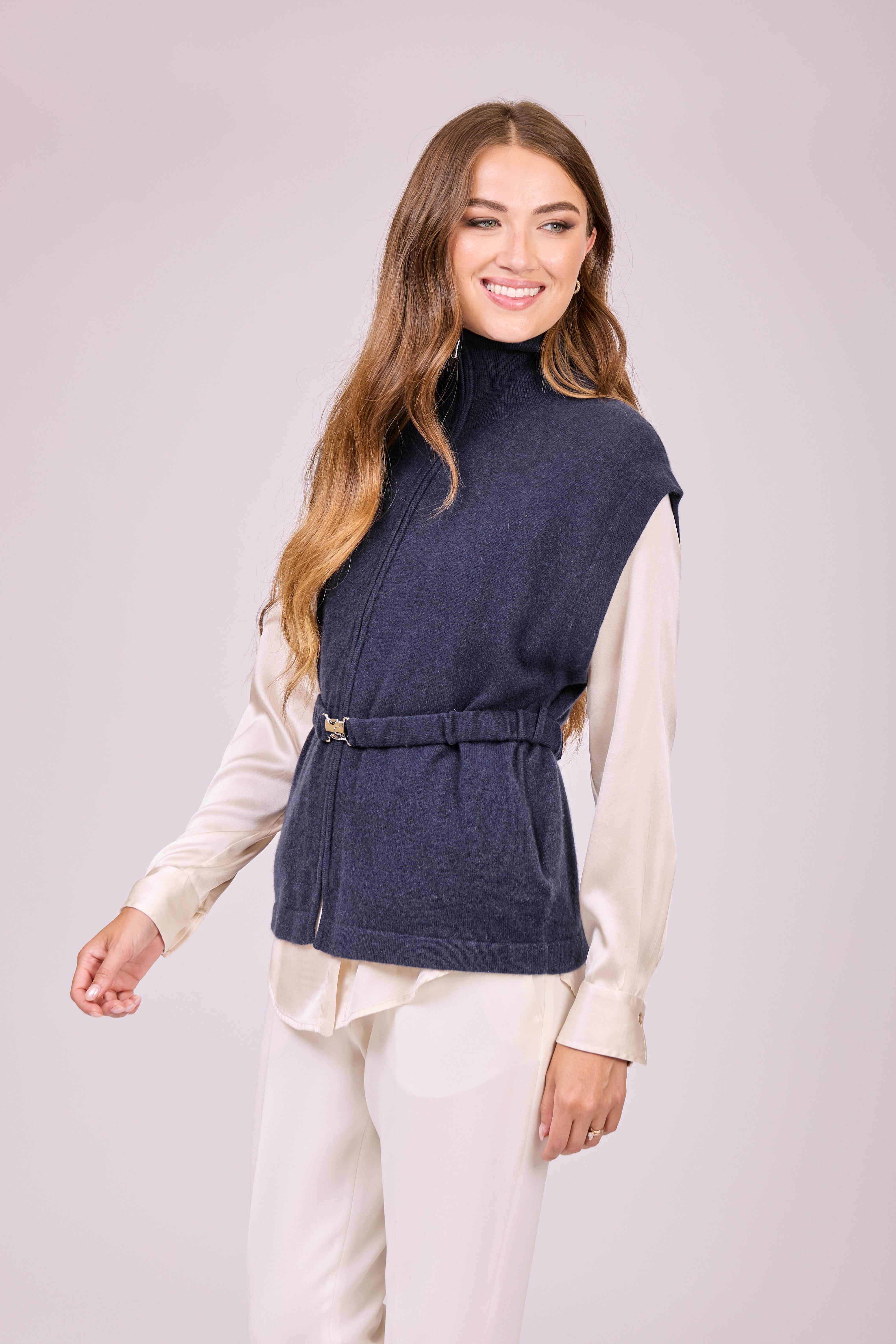 Divine Cashmere sleeveless zip-front cashmere vest in navy with clean, minimal silhouette