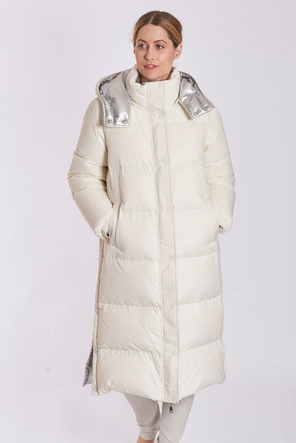 REVERSIBLE PUFFER  DOWN COAT WITH HOOD-IVORY/SILVER