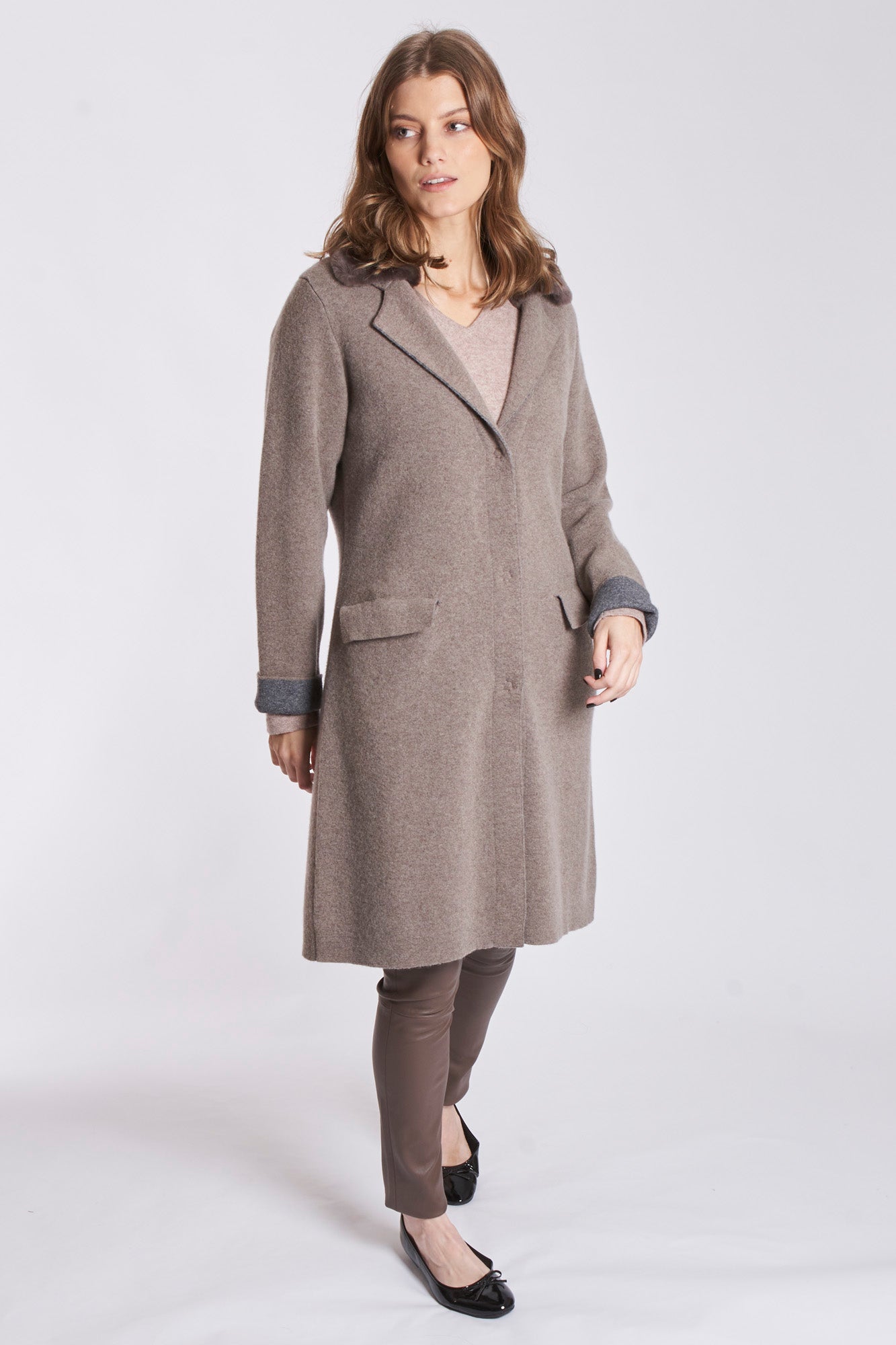 FITTED CARDIGAN WITH SHEARLING COLLAR-TORTORA/GRAFITE