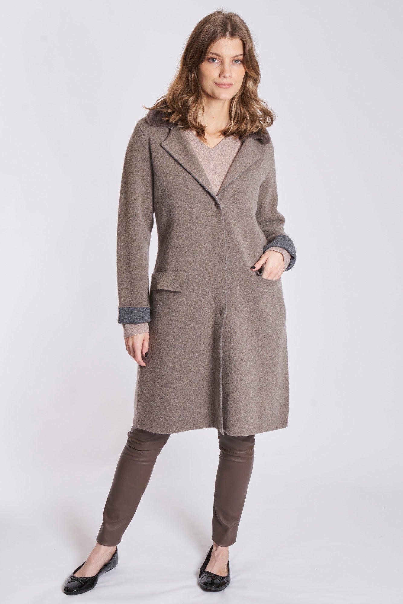 FITTED CARDIGAN WITH SHEARLING COLLAR-TORTORA/GRAFITE